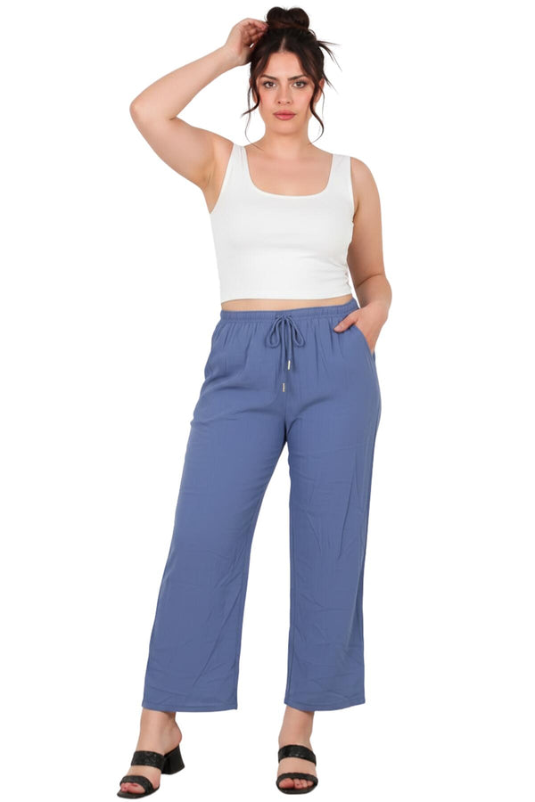 Büyük Beden Tencel Geniş Paça Pantolon  İndigo