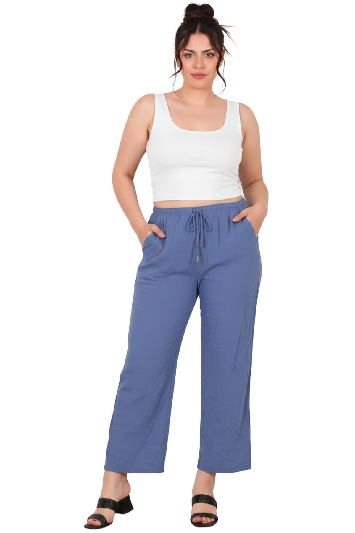 Büyük Beden Tencel Geniş Paça Pantolon  İndigo