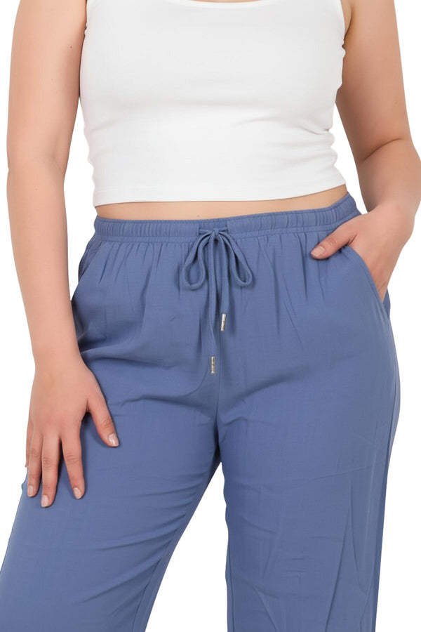 Büyük Beden Tencel Geniş Paça Pantolon  İndigo