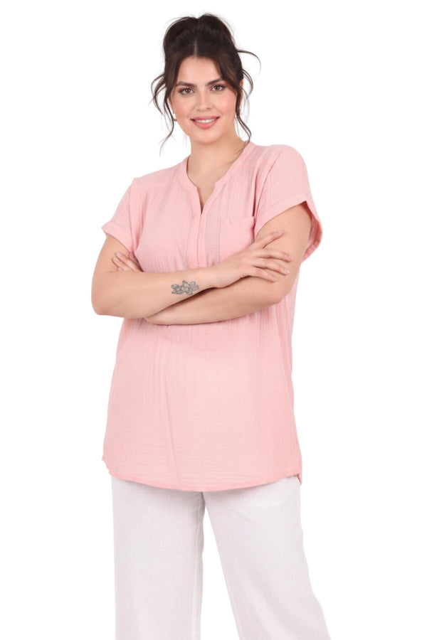 Büyük Beden Cepli V Yaka Müslin Bluz  Pembe