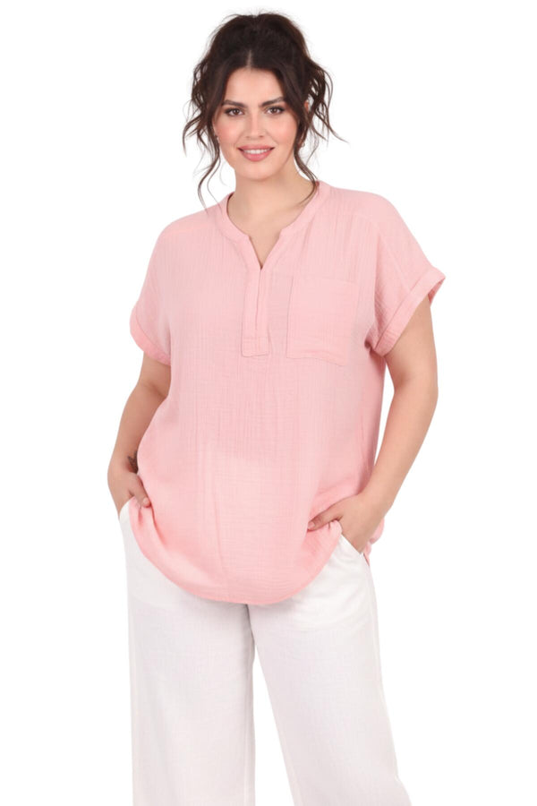 Büyük Beden Cepli V Yaka Müslin Bluz  Pembe