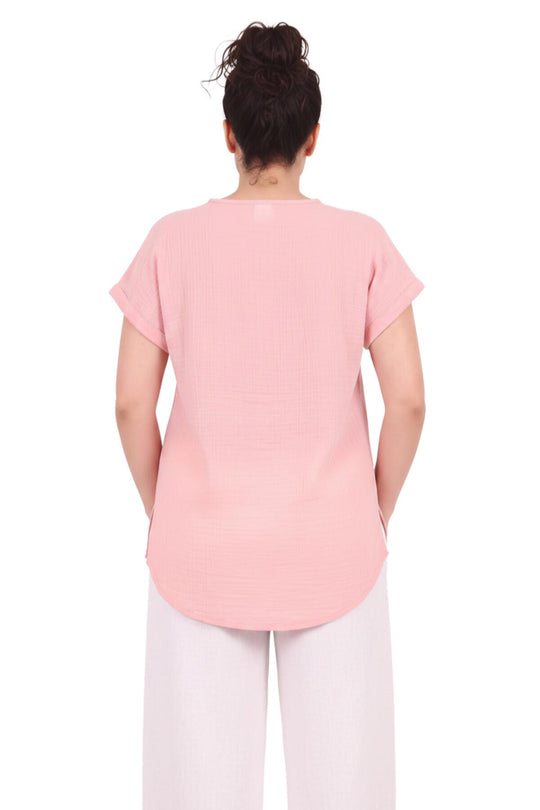 Büyük Beden Cepli V Yaka Müslin Bluz  Pembe