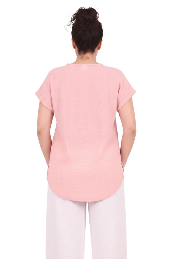 Büyük Beden Cepli V Yaka Müslin Bluz  Pembe