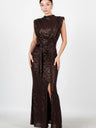 Kadın Yırtmaçlı Kuşaklı Uzun Abiye  Kahverengi