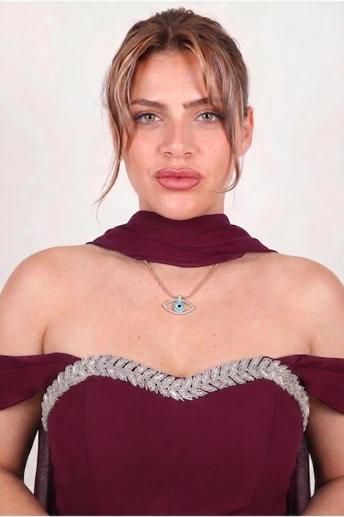 Büyük Beden Tül Etek Şal Detay Bel Göğüs Taş İşlemeli Krep Abiye  Bordo