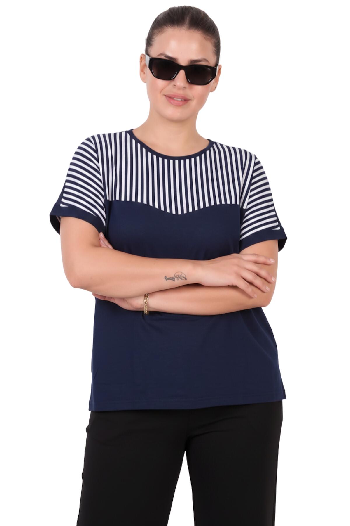 Büyük Beden Yanları Yırtmaçlı Çizgili Bluz  Lacivert