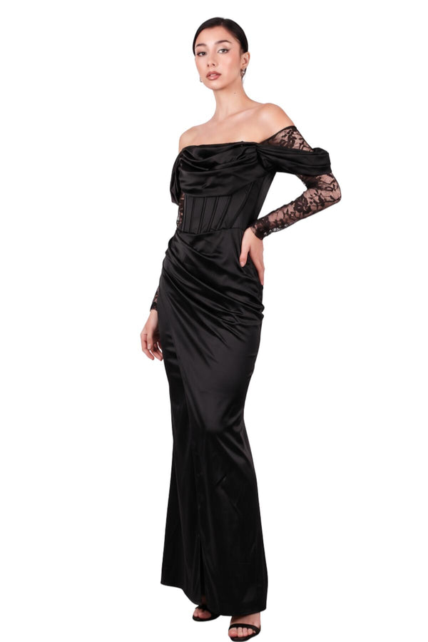 Kadın Göğüs Detay Dantel Kol Uzun Abiye  Siyah