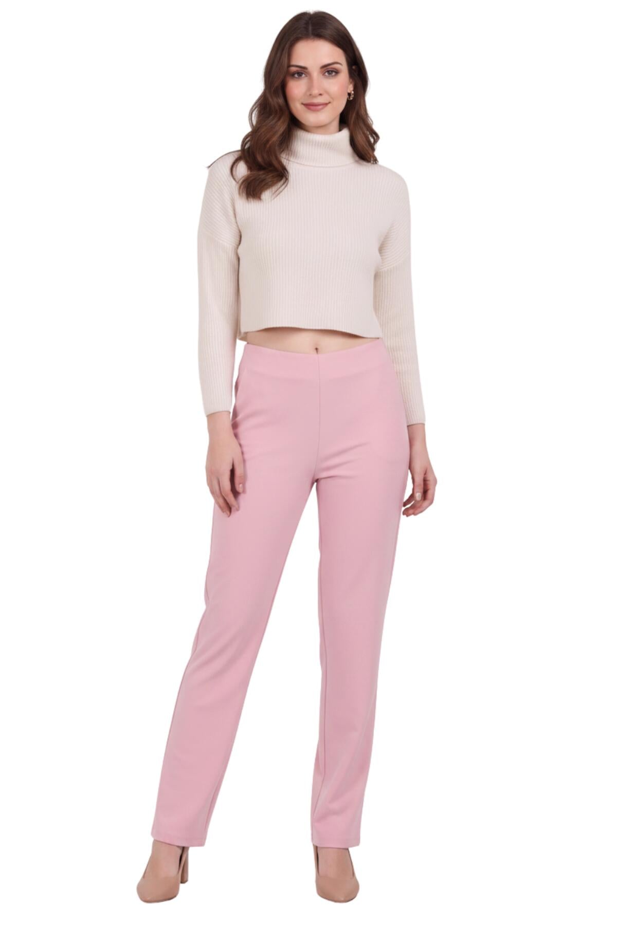 Kadın Bel Lastikli Bol Paça Pantolon  Pembe