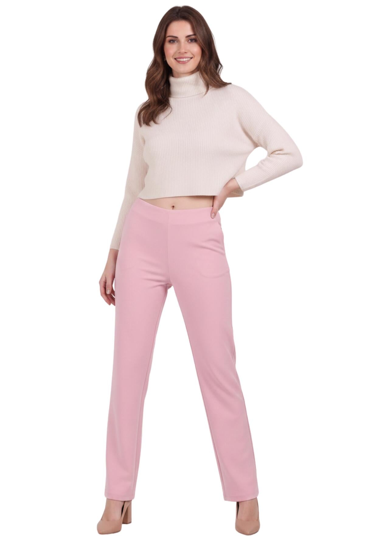 Kadın Bel Lastikli Bol Paça Pantolon  Pembe
