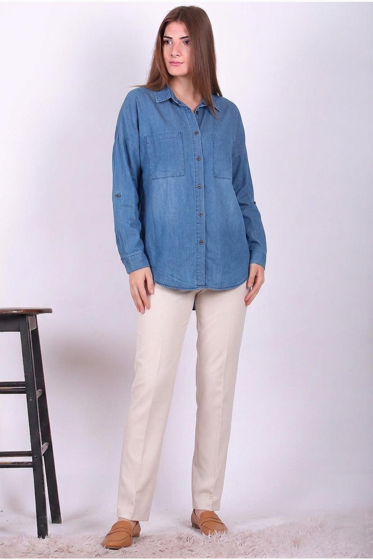 Kadın Çift Cep Oversize Kot Gömlek  Kot