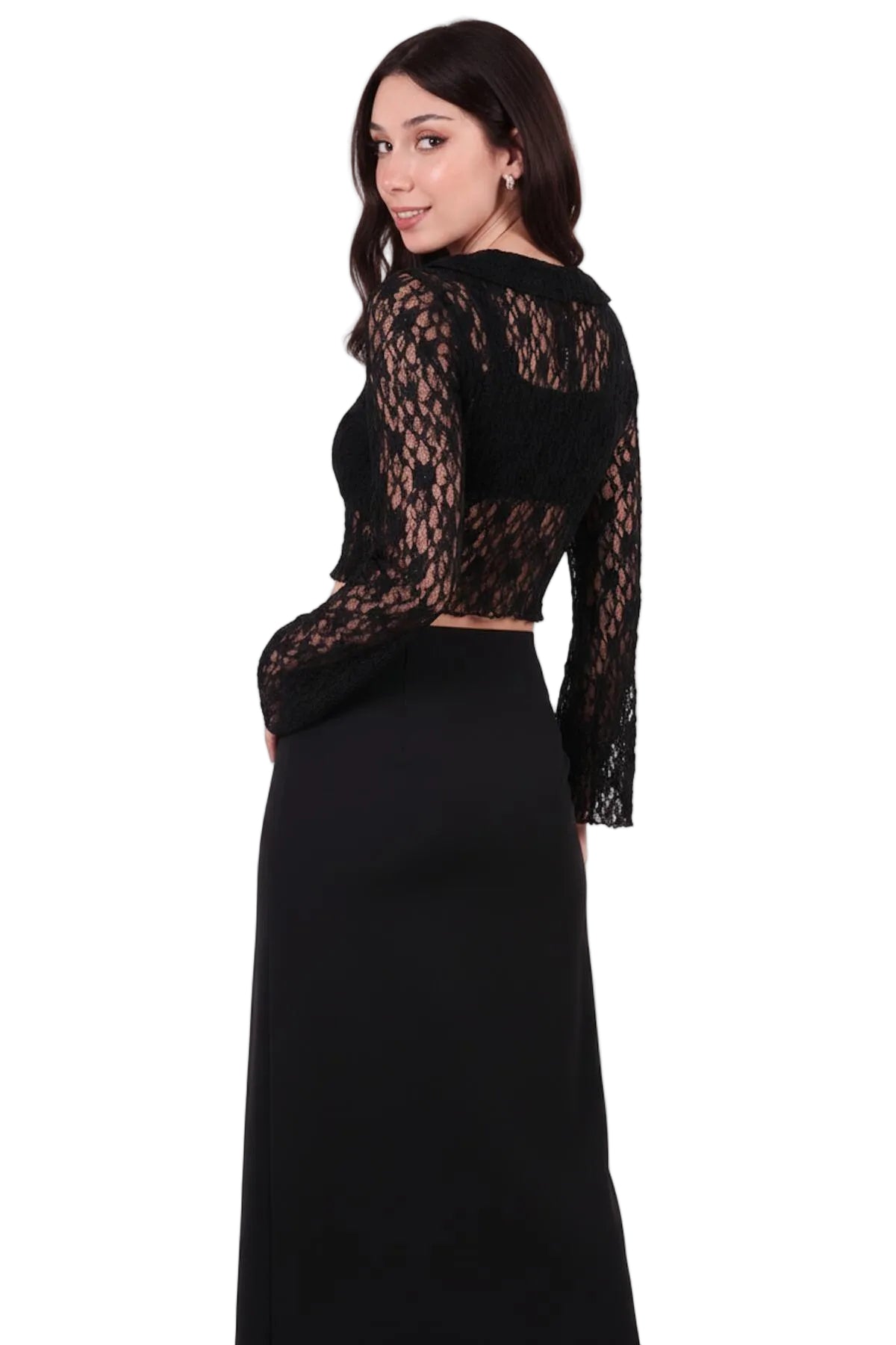 Kadın Ön Bağlamalı Dantel Bluz  Siyah