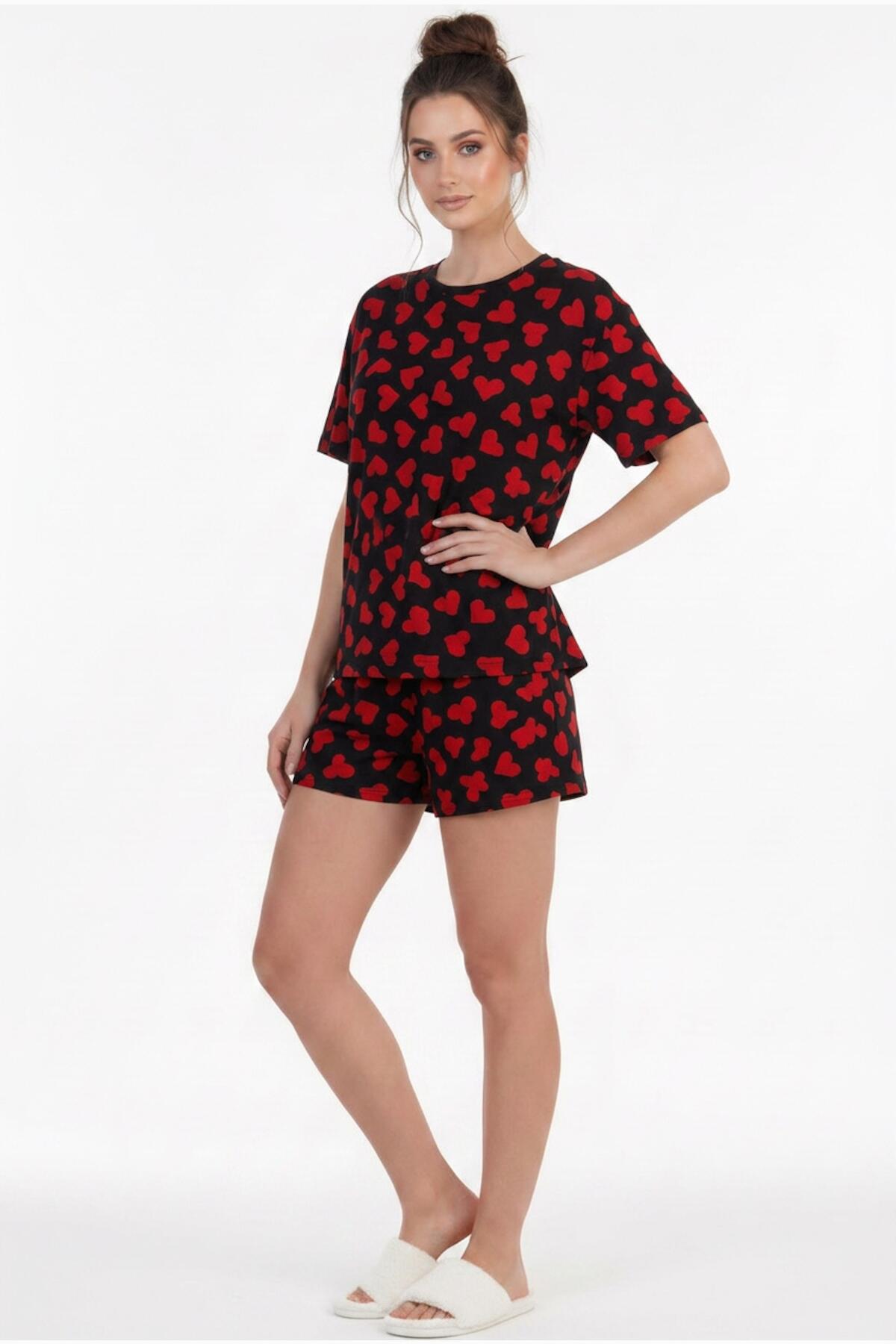 Kadın Desenli Kısa Kol Pijama Takımı  Kırmızı