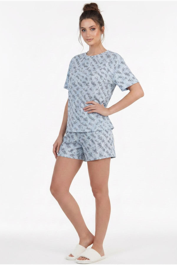 Kadın Desenli Kısa Kol Pijama Takımı  Mavi