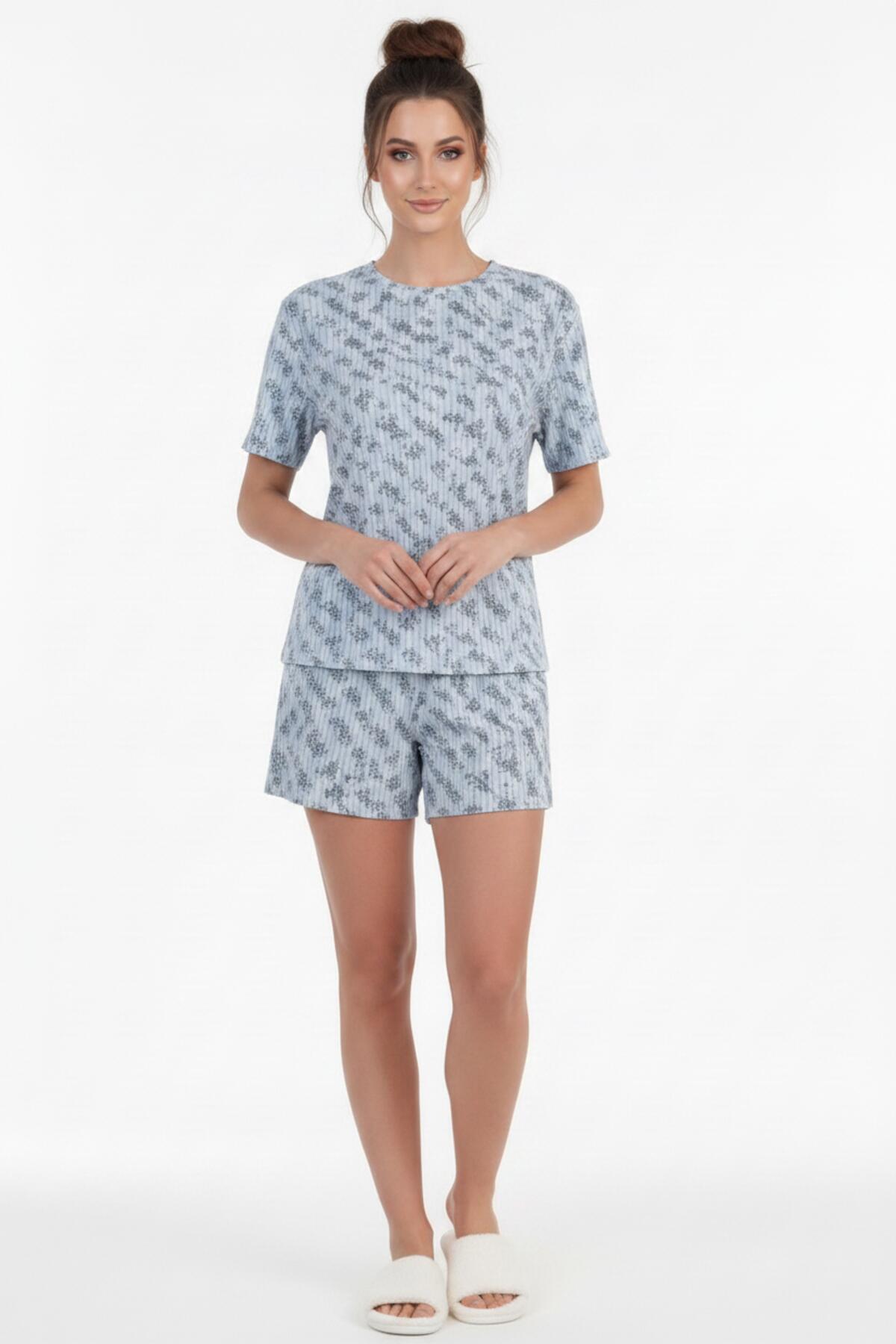 Kadın Desenli Kısa Kol Pijama Takımı  Mavi