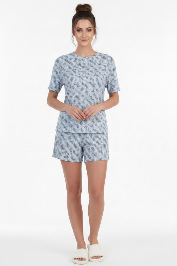 Kadın Desenli Kısa Kol Pijama Takımı  Mavi