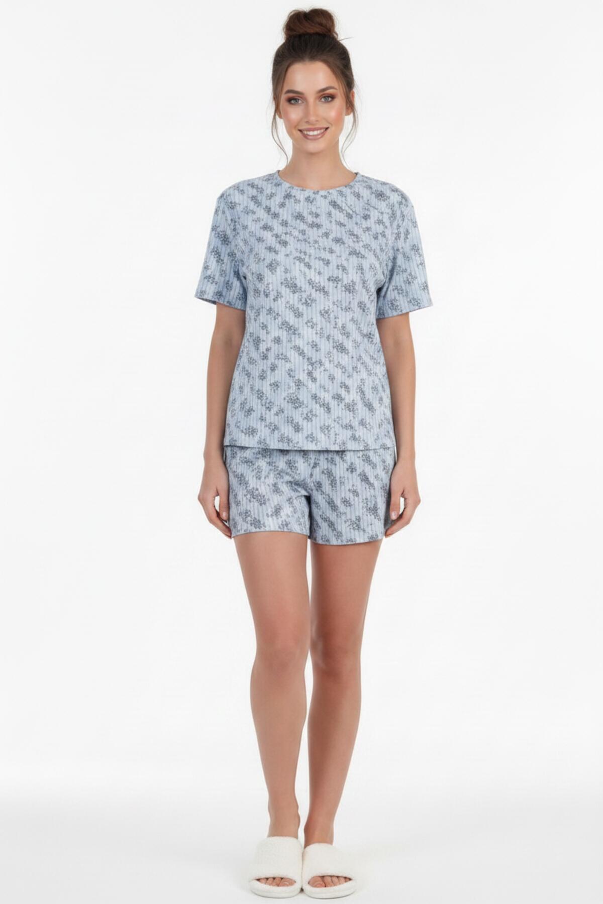 Kadın Desenli Kısa Kol Pijama Takımı  Mavi
