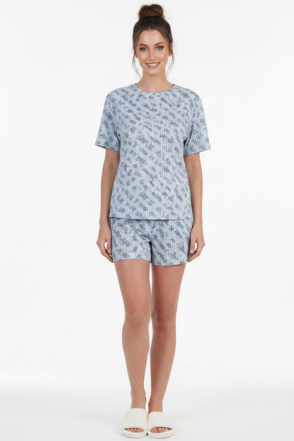 Kadın Desenli Kısa Kol Pijama Takımı  Mavi