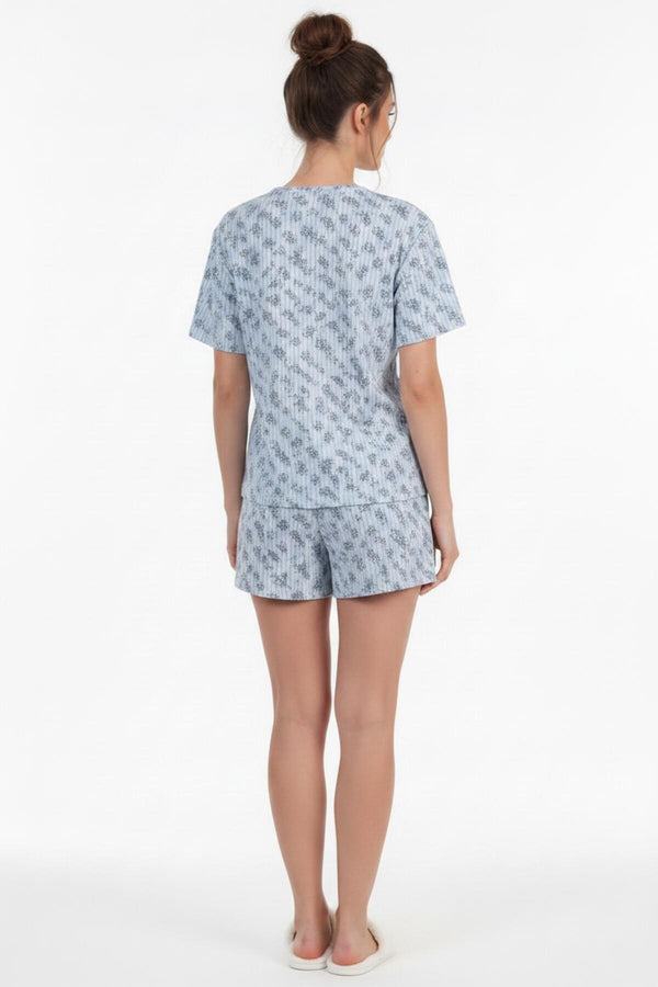 Kadın Desenli Kısa Kol Pijama Takımı  Mavi