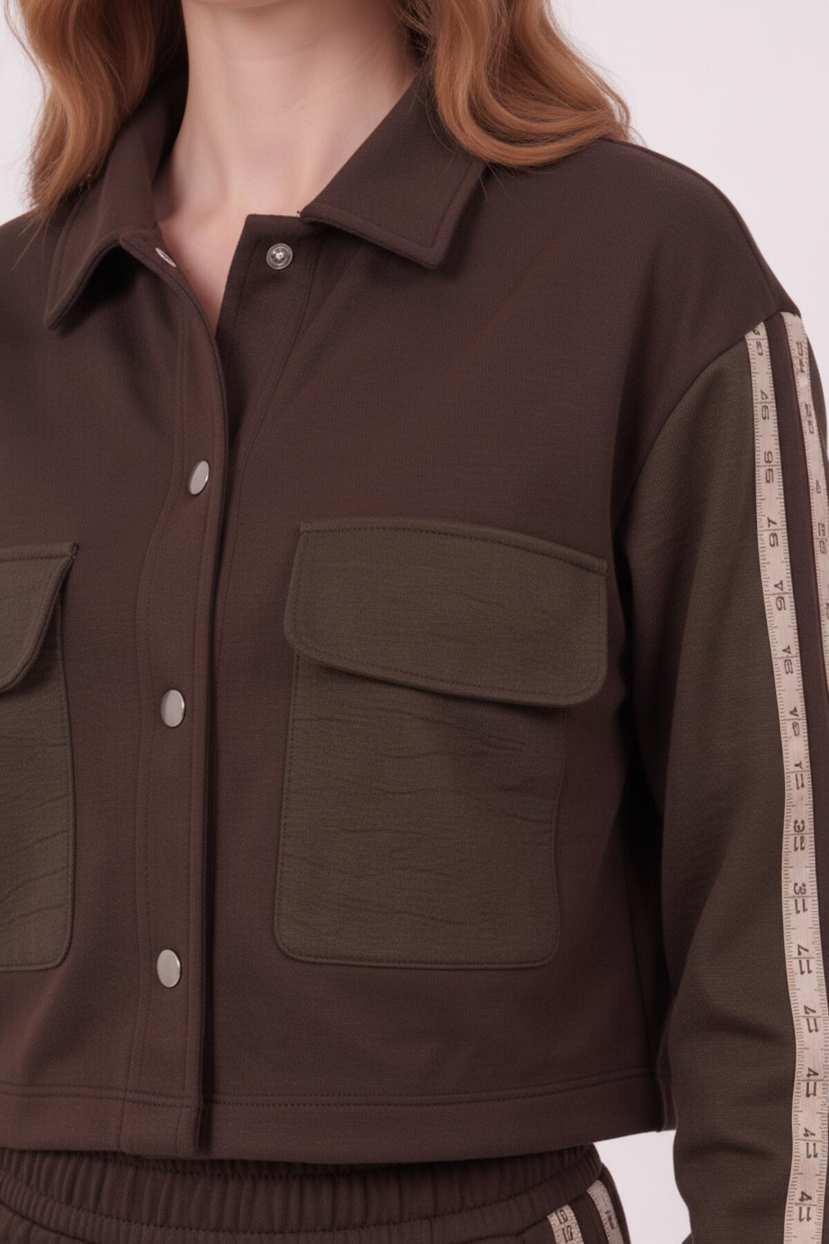 Kadın Cepli Paraşüt Garnili İkili Takım  Kahverengi