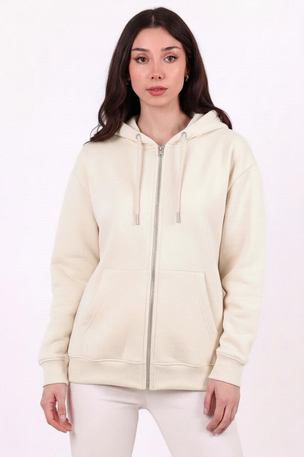 Kadın Kapşonlu Üç İplik Ön Fermuarlı Oversize Sweat  Taş