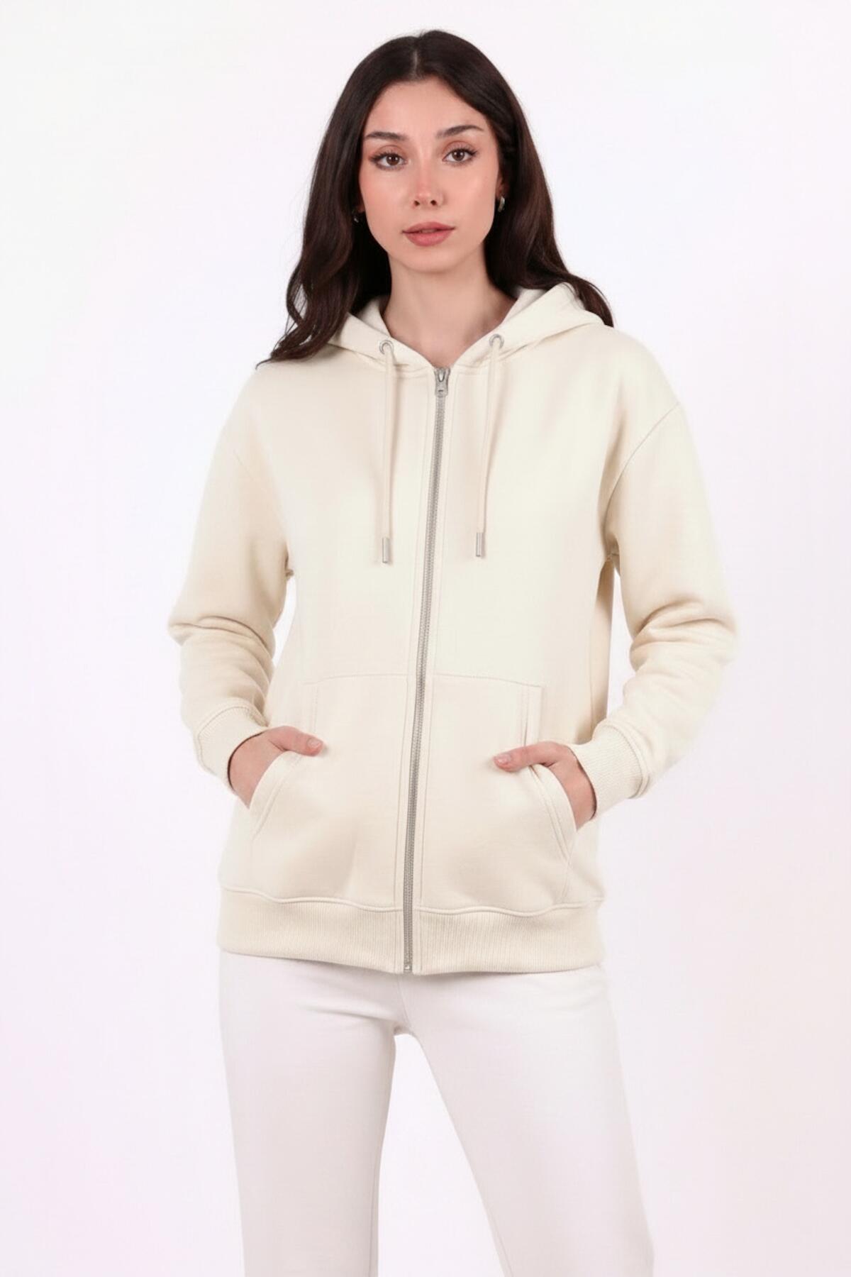 Kadın Kapşonlu Üç İplik Ön Fermuarlı Oversize Sweat  Taş