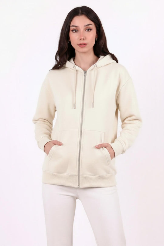 Kadın Kapşonlu Üç İplik Ön Fermuarlı Oversize Sweat  Taş