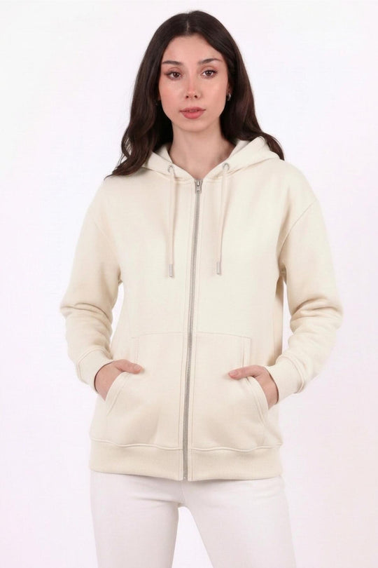 Kadın Kapşonlu Üç İplik Ön Fermuarlı Oversize Sweat  Taş