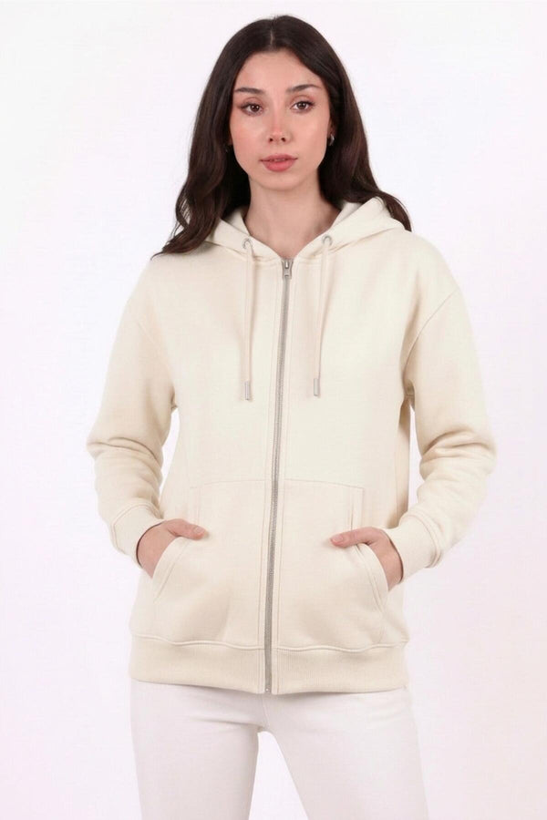 Kadın Kapşonlu Üç İplik Ön Fermuarlı Oversize Sweat  Taş