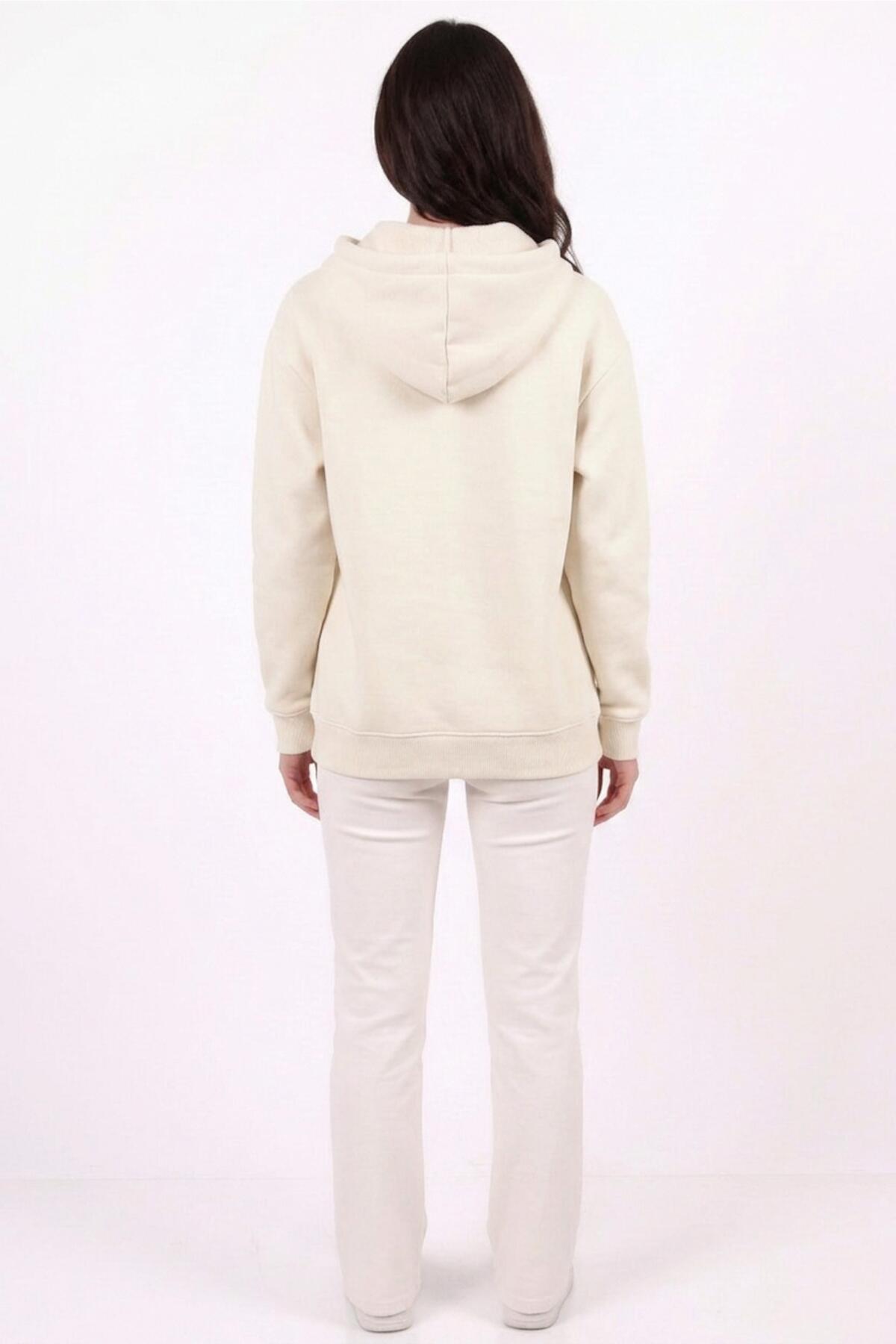 Kadın Kapşonlu Üç İplik Ön Fermuarlı Oversize Sweat  Taş