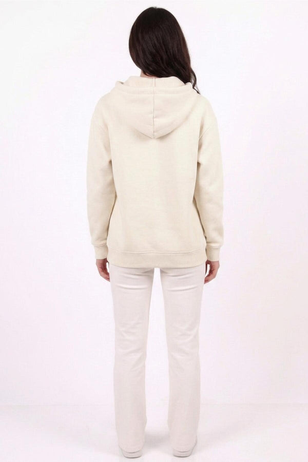 Kadın Kapşonlu Üç İplik Ön Fermuarlı Oversize Sweat  Taş