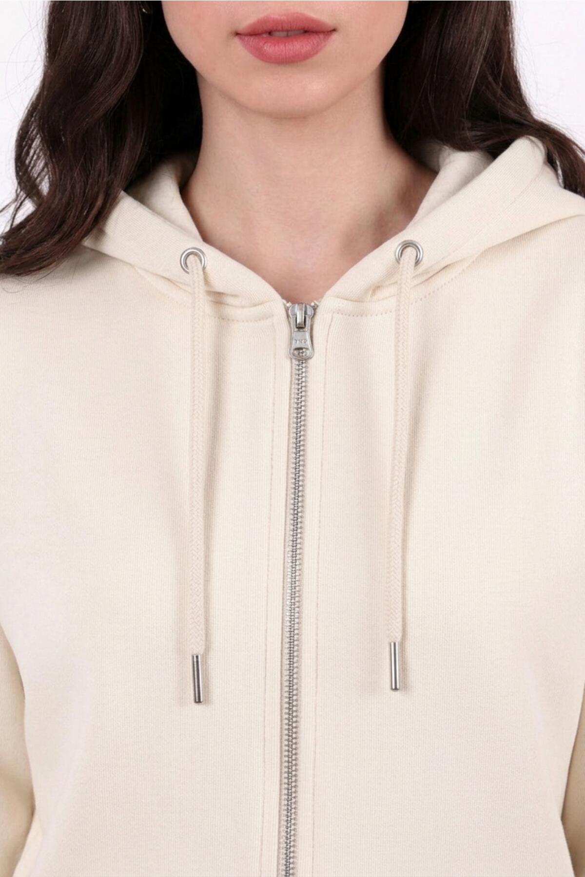 Kadın Kapşonlu Üç İplik Ön Fermuarlı Oversize Sweat  Taş