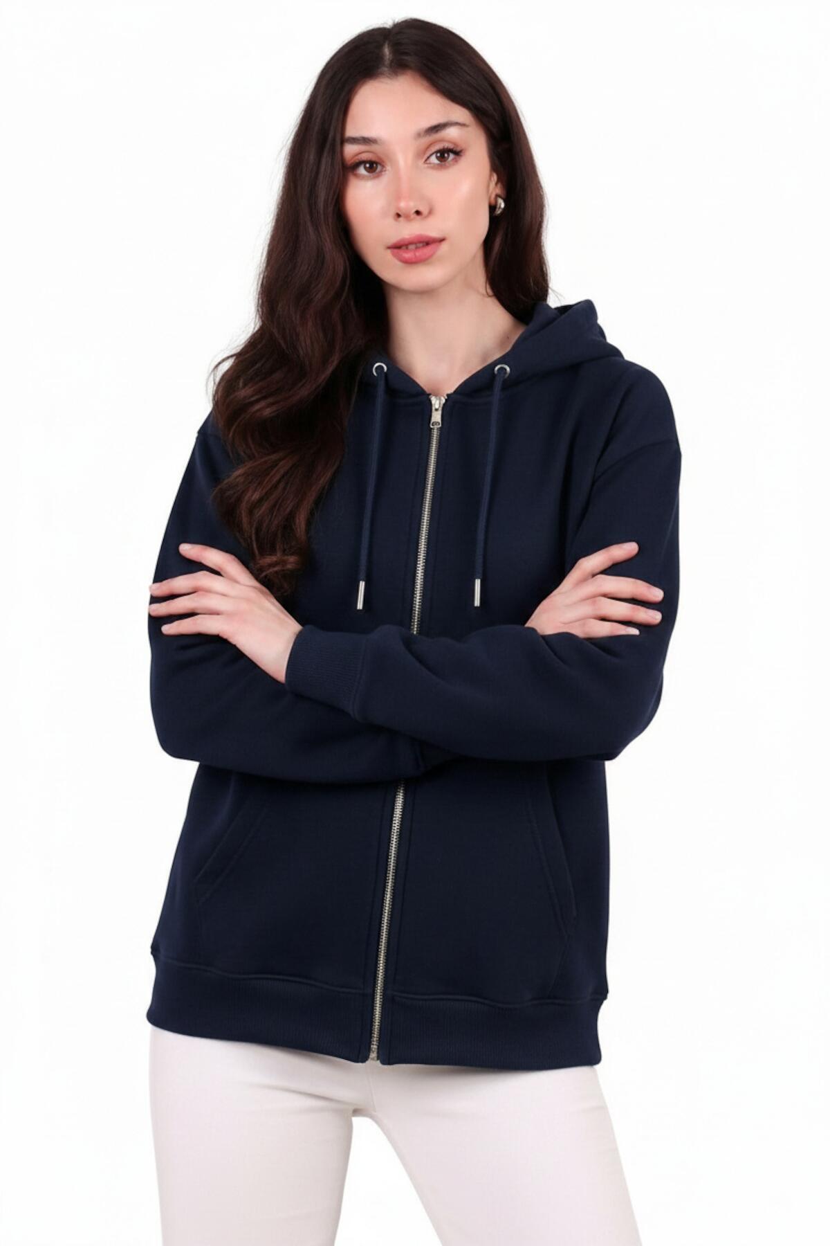 Kadın Kapşonlu Üç İplik Ön Fermuarlı Oversize Sweat  Lacivert