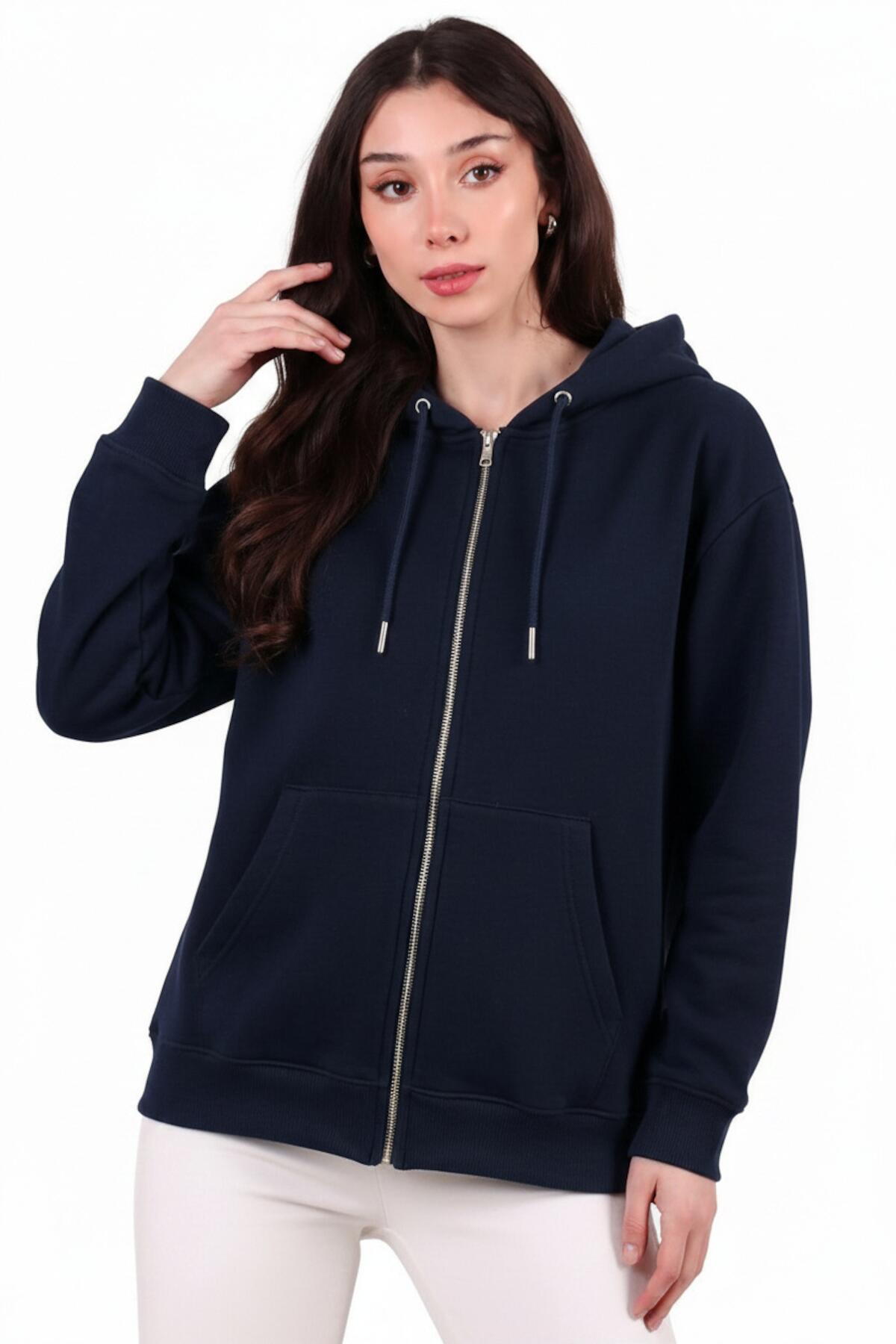 Kadın Kapşonlu Üç İplik Ön Fermuarlı Oversize Sweat  Lacivert
