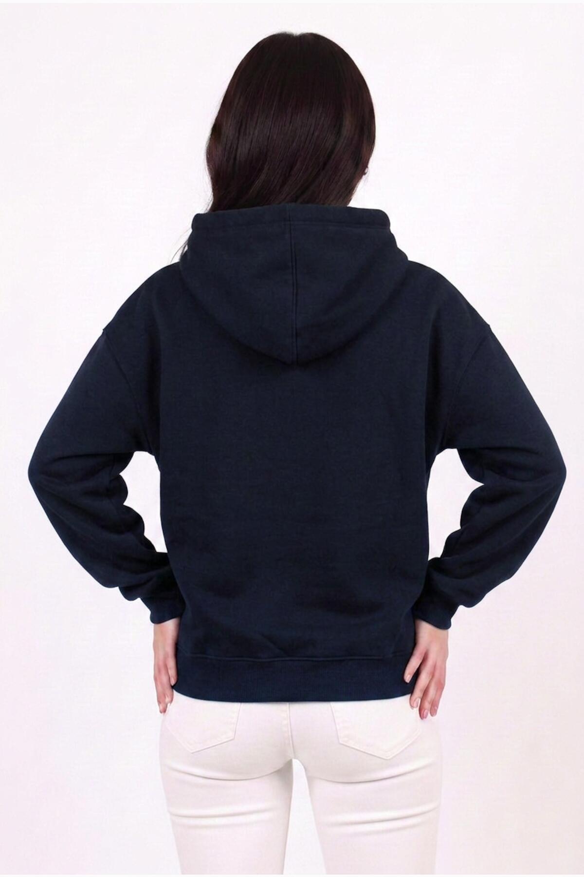 Kadın Kapşonlu Üç İplik Ön Fermuarlı Oversize Sweat  Lacivert