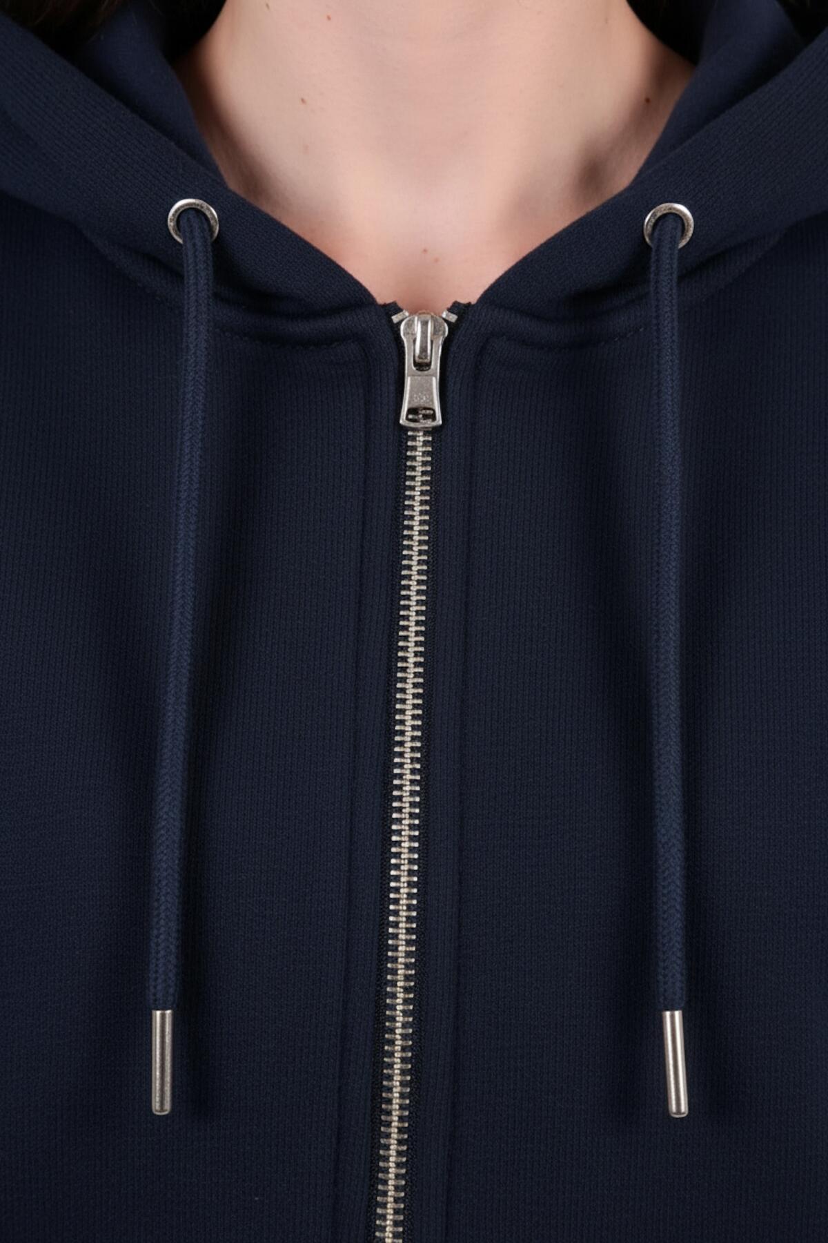 Kadın Kapşonlu Üç İplik Ön Fermuarlı Oversize Sweat  Lacivert