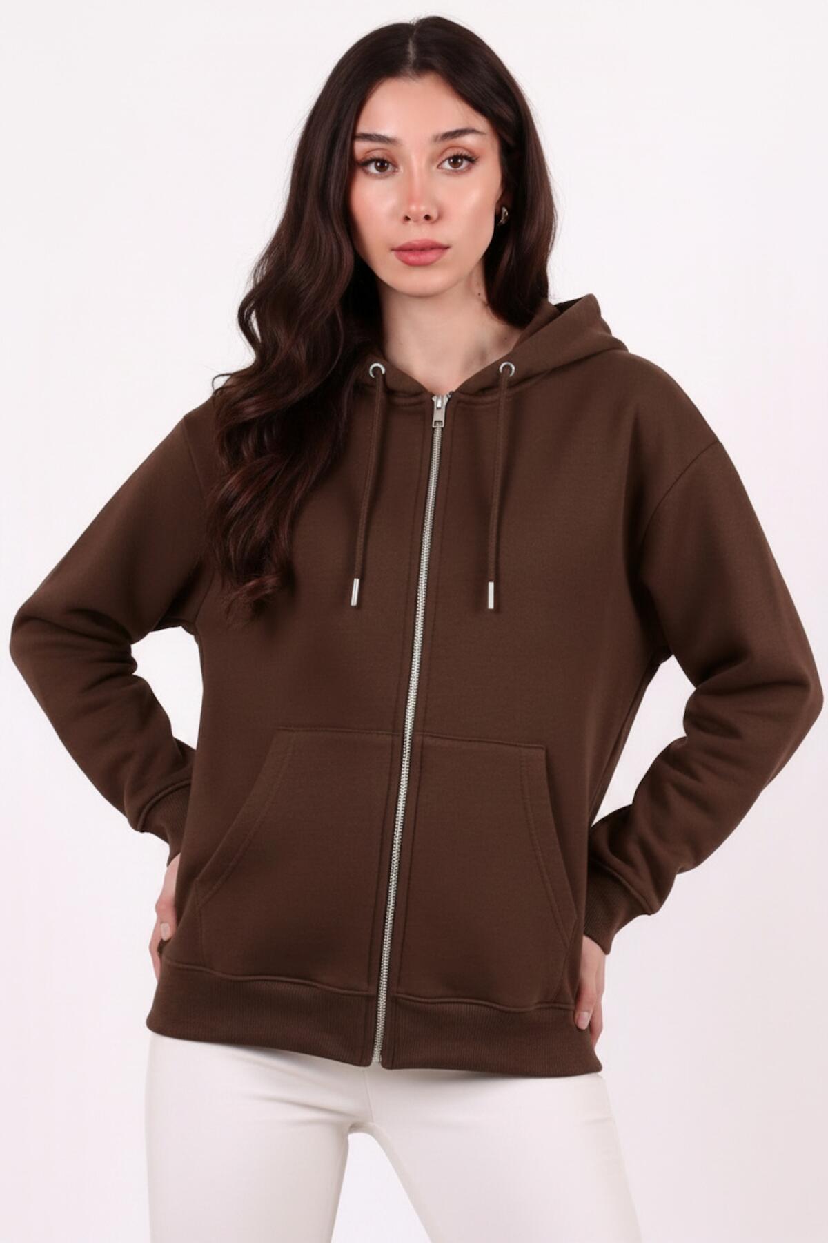 Kadın Kapşonlu Üç İplik Ön Fermuarlı Oversize Sweat  Kahverengi
