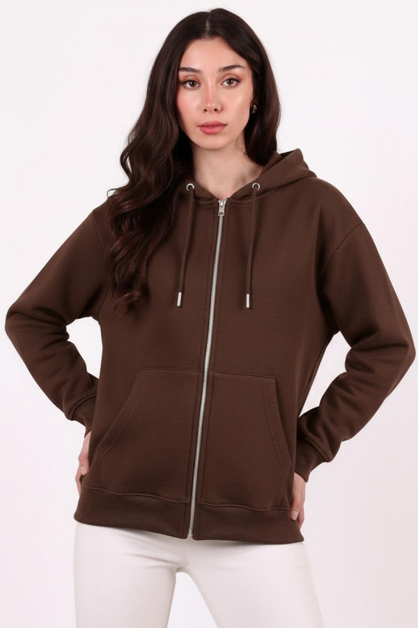 Kadın Kapşonlu Üç İplik Ön Fermuarlı Oversize Sweat  Kahverengi