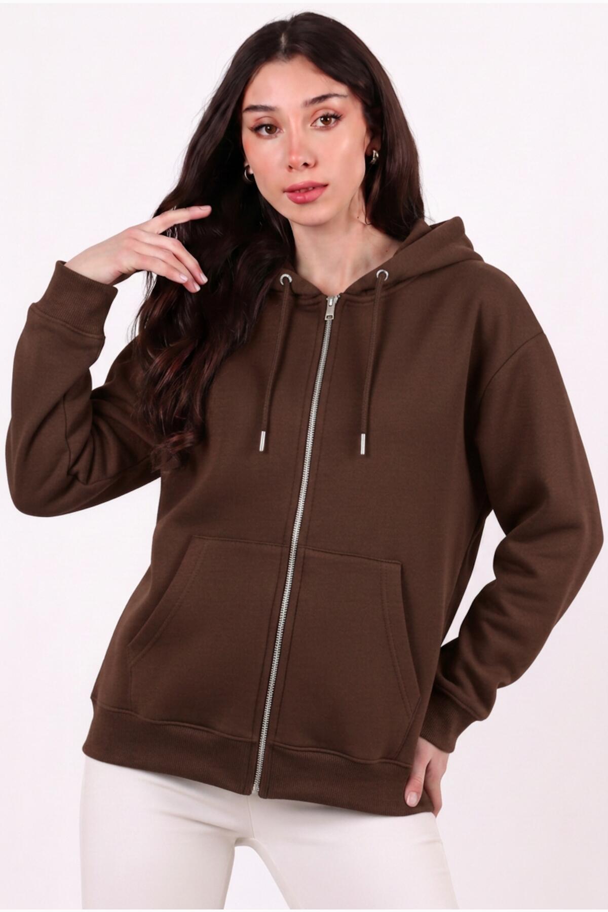 Kadın Kapşonlu Üç İplik Ön Fermuarlı Oversize Sweat  Kahverengi