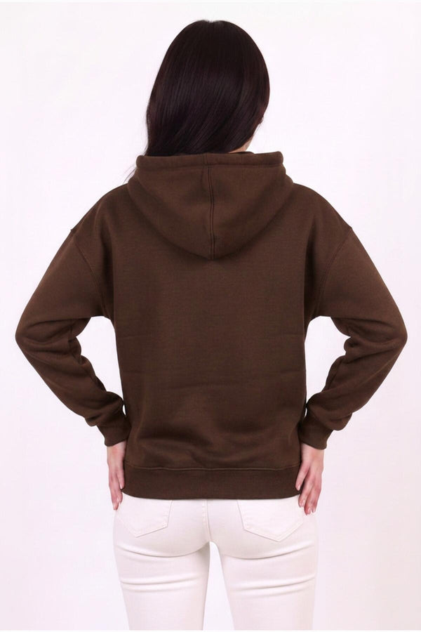 Kadın Kapşonlu Üç İplik Ön Fermuarlı Oversize Sweat  Kahverengi