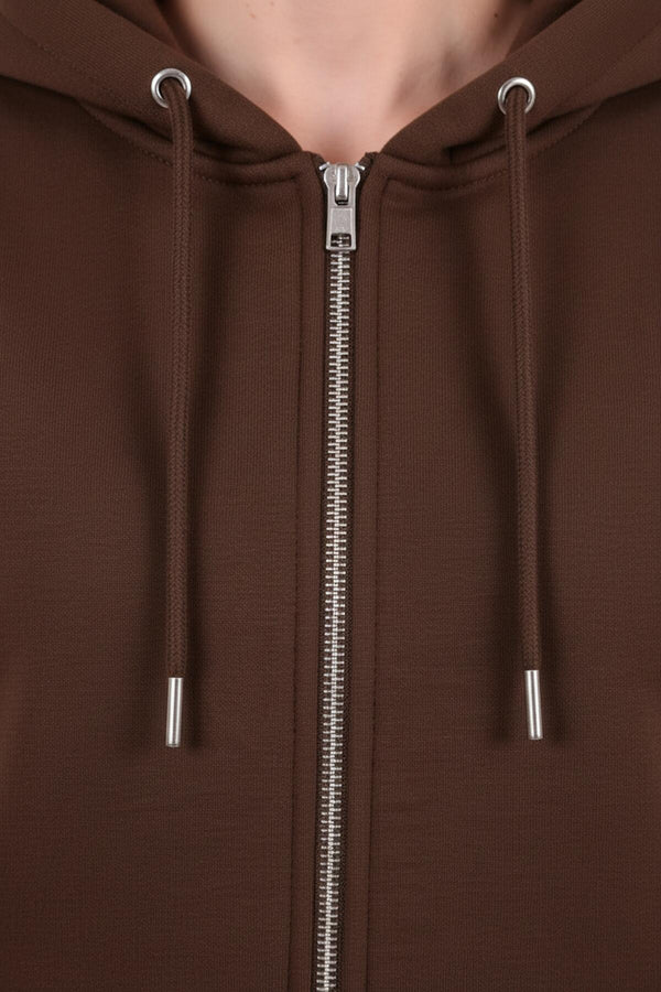 Kadın Kapşonlu Üç İplik Ön Fermuarlı Oversize Sweat  Kahverengi