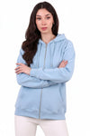 Kadın Kapşonlu Üç İplik Ön Fermuarlı Oversize Sweat  Mavi