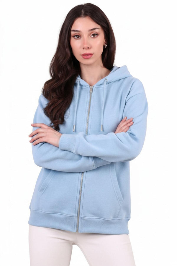 Kadın Kapşonlu Üç İplik Ön Fermuarlı Oversize Sweat  Mavi