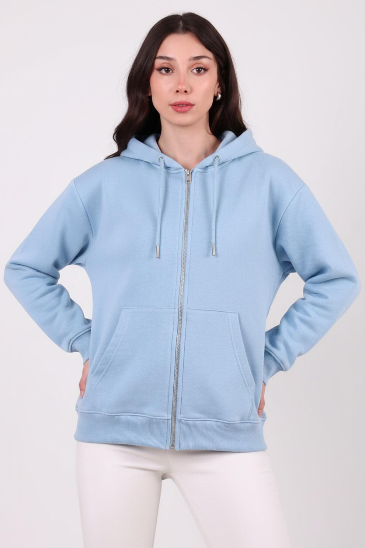 Kadın Kapşonlu Üç İplik Ön Fermuarlı Oversize Sweat  Mavi