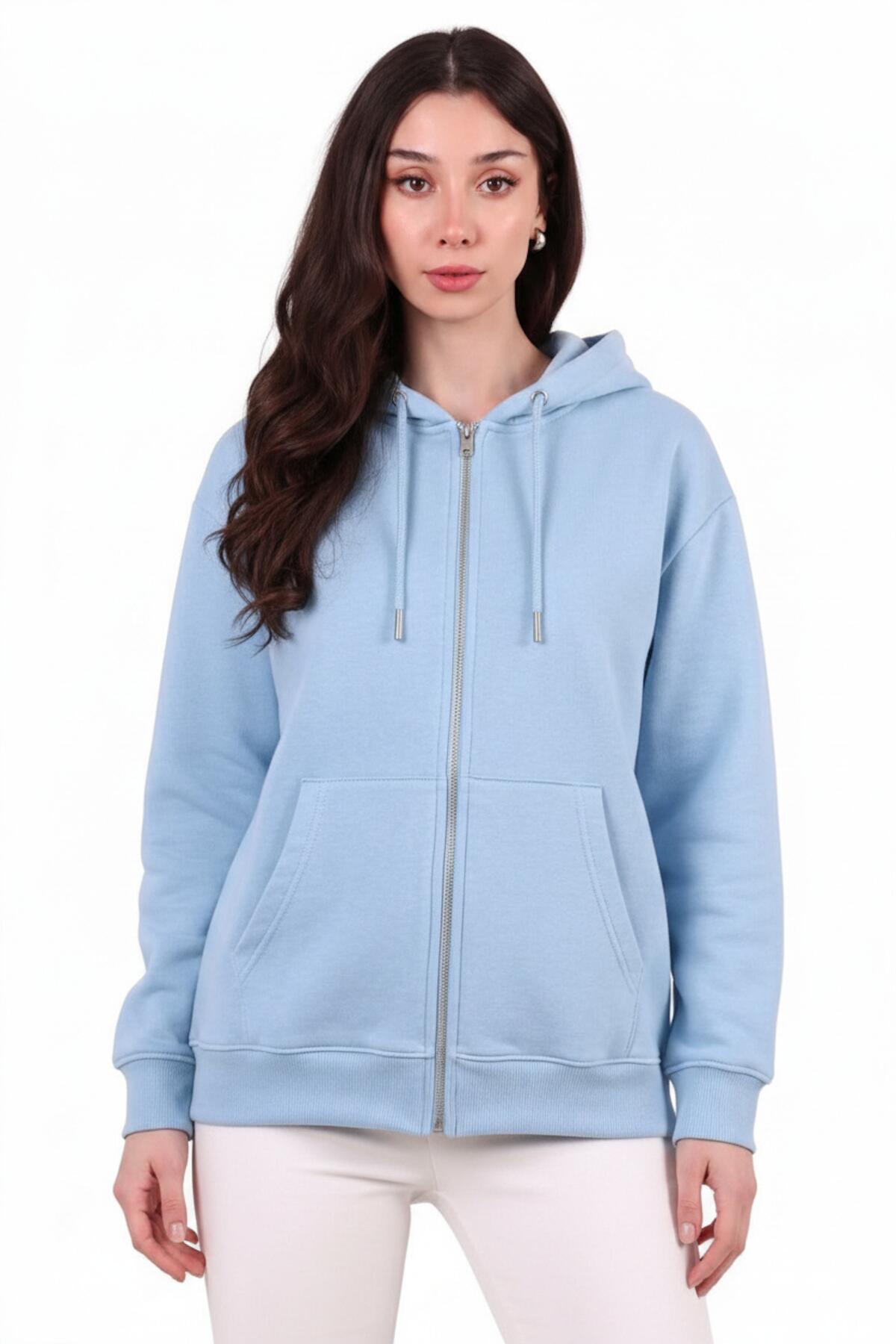 Kadın Kapşonlu Üç İplik Ön Fermuarlı Oversize Sweat  Mavi