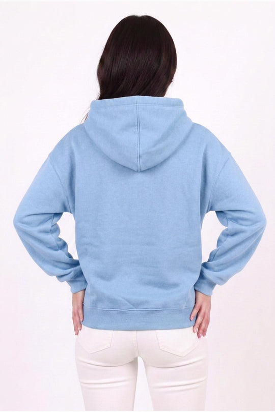 Kadın Kapşonlu Üç İplik Ön Fermuarlı Oversize Sweat  Mavi