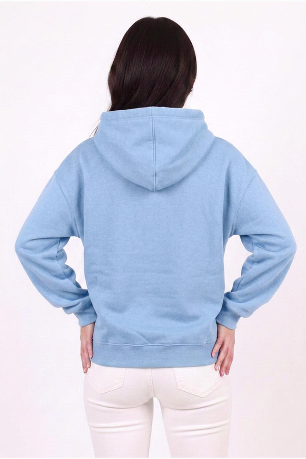 Kadın Kapşonlu Üç İplik Ön Fermuarlı Oversize Sweat  Mavi