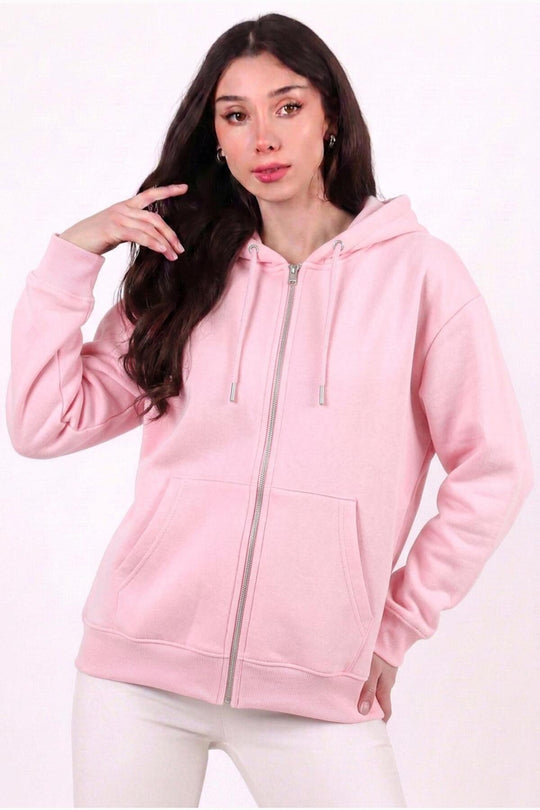 Kadın Kapşonlu Üç İplik Ön Fermuarlı Oversize Sweat  Pembe
