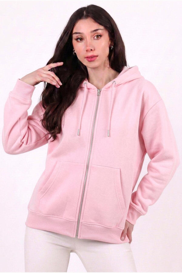 Kadın Kapşonlu Üç İplik Ön Fermuarlı Oversize Sweat  Pembe