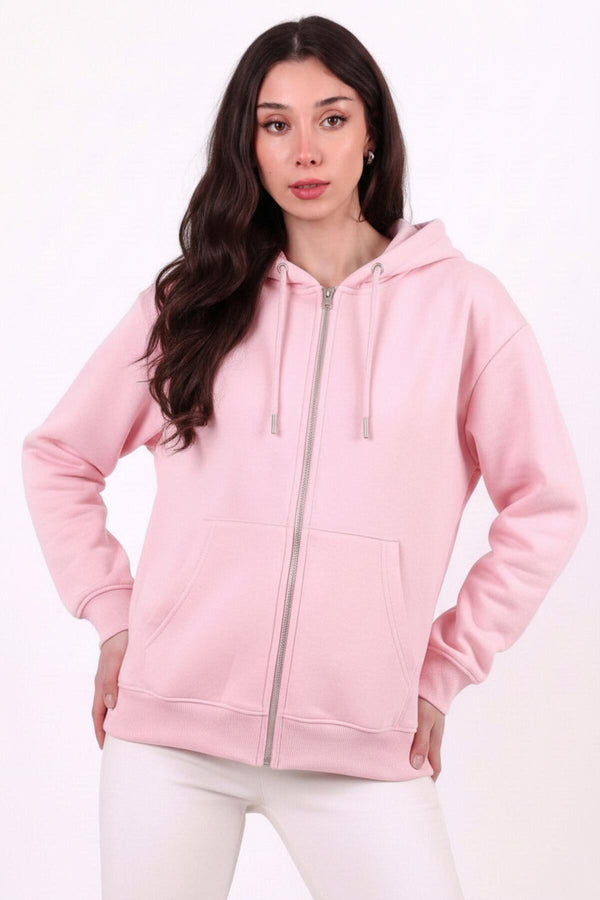 Kadın Kapşonlu Üç İplik Ön Fermuarlı Oversize Sweat  Pembe