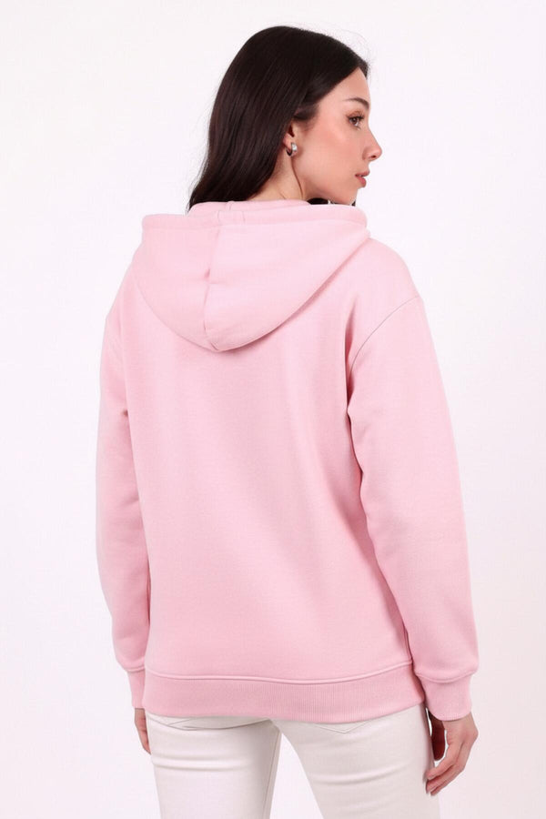 Kadın Kapşonlu Üç İplik Ön Fermuarlı Oversize Sweat  Pembe